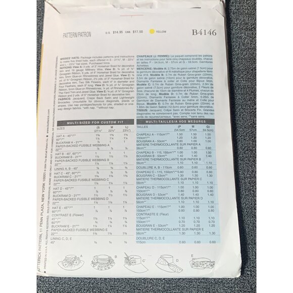 Butterick B4146 Misses Fancy Hats Sewing Pattern Size Small Medium Large uncut - Picture 2 of 2